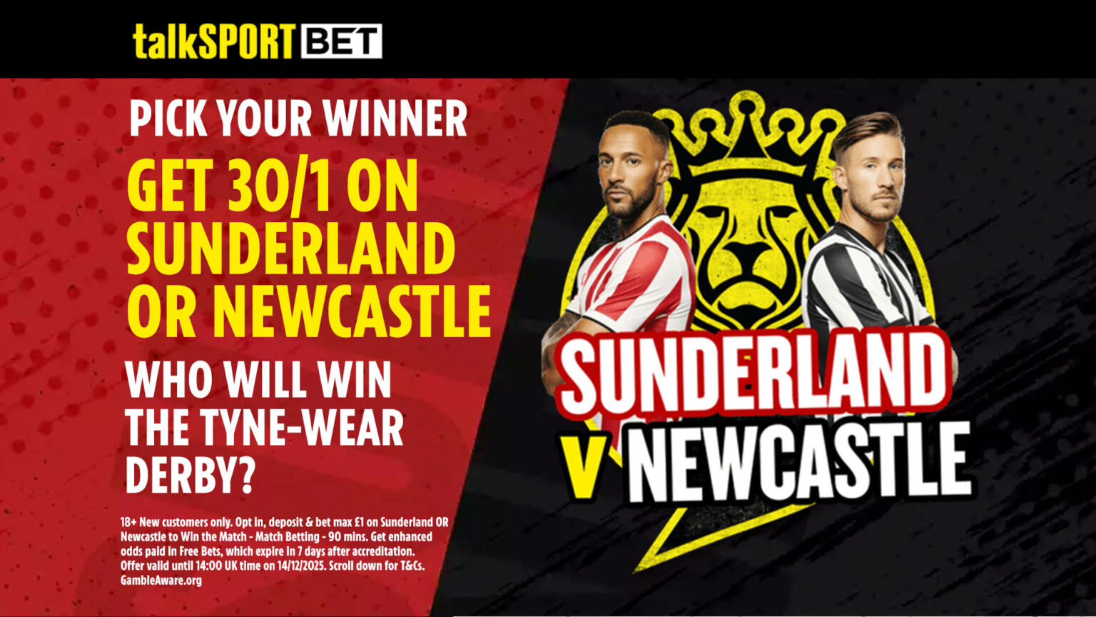 Get Mackems OR Magpies at 30/1 to win Wear-Tyne derby with talkSPORT BET