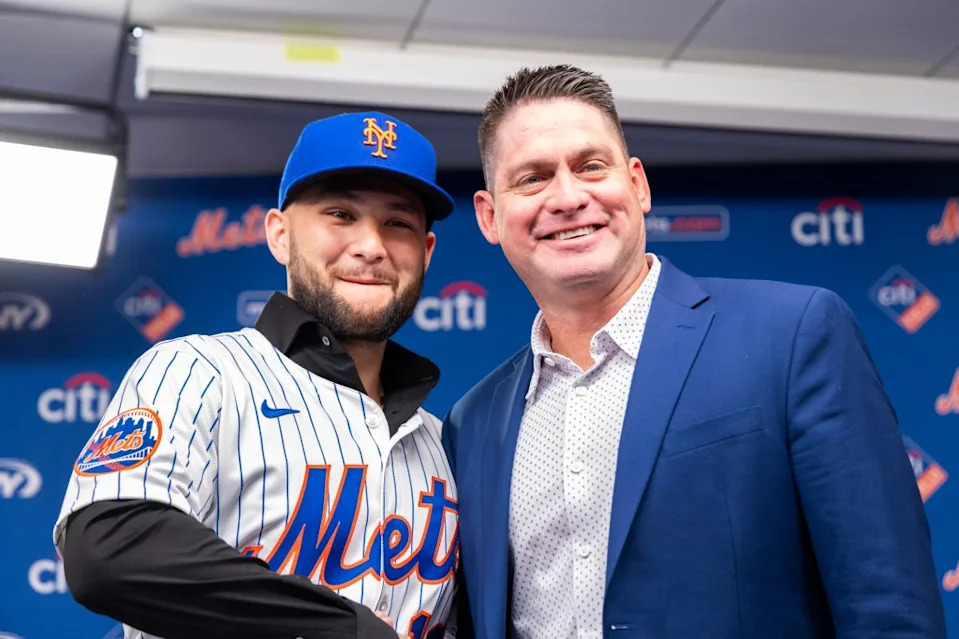 The New York Mets infielder Bo Bichette poses with manager Carlos Mendoza at his introductory press conference at Citi Field, Wednesday, Jan. 21, 2026, in Queens, NY. Corey Sipkin for the NY POST