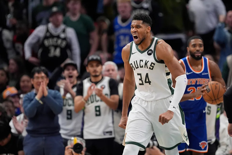 MILWAUKEE, WISCONSIN - OCTOBER 28: Giannis Antetokounmpo #34 of the Milwaukee Bucks reacts against the New York Knicks during the fourth quarter at Fiserv Forum on October 28, 2025 in Milwaukee, Wisconsin. NOTE TO USER: User expressly acknowledges and agrees that, by downloading and or using this photograph, User is consenting to the terms and conditions of the Getty Images License Agreement. (Photo by Patrick McDermott/Getty Images)