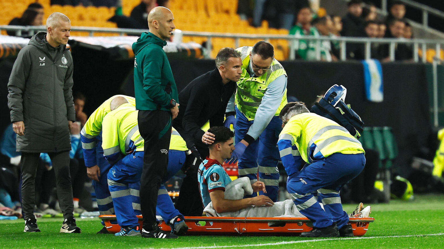 Emotional moment ‘heartbroken’ Robin van Persie consoles son Shaqueel, 19, as he is stretchered off with horror injury