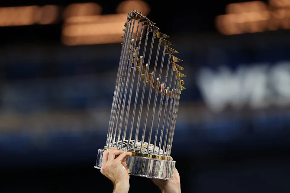 A view of the Commissioner’s Trophy being raised after the LA Dodgers defeat the Toronto Blue Jays 5–4 in game seven to win the 2025 World Series. Getty Images