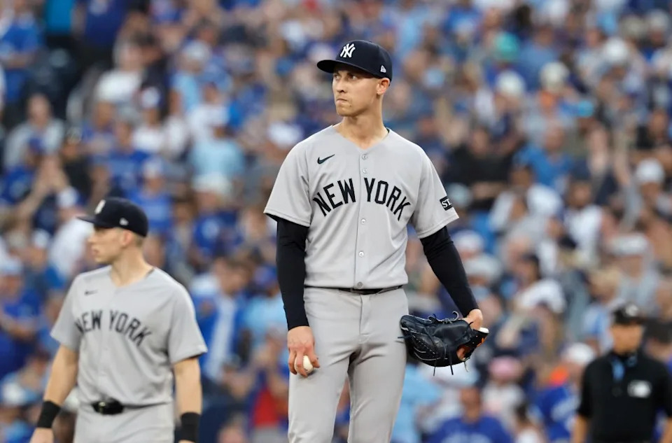 Luke Weaver #30 of the New York Yankees reacts after giving up a run during the 7th inning. Jason Szenes / New York Post