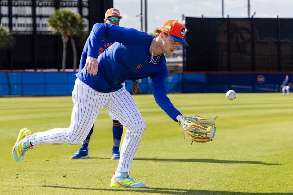 Carson Benge participates in a fielding drill during the Mets’ Feb. 19 session during spring training. Corey Sipkin for NY Post