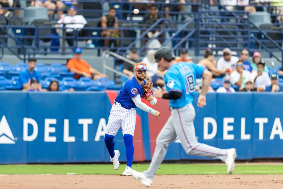 Third baseman Bo Bichette fails to throw out Connor Norby at first during the Mets’ spring training loss to the Marlin on Feb. 21, 2026. Corey Sipkin for the NY POST