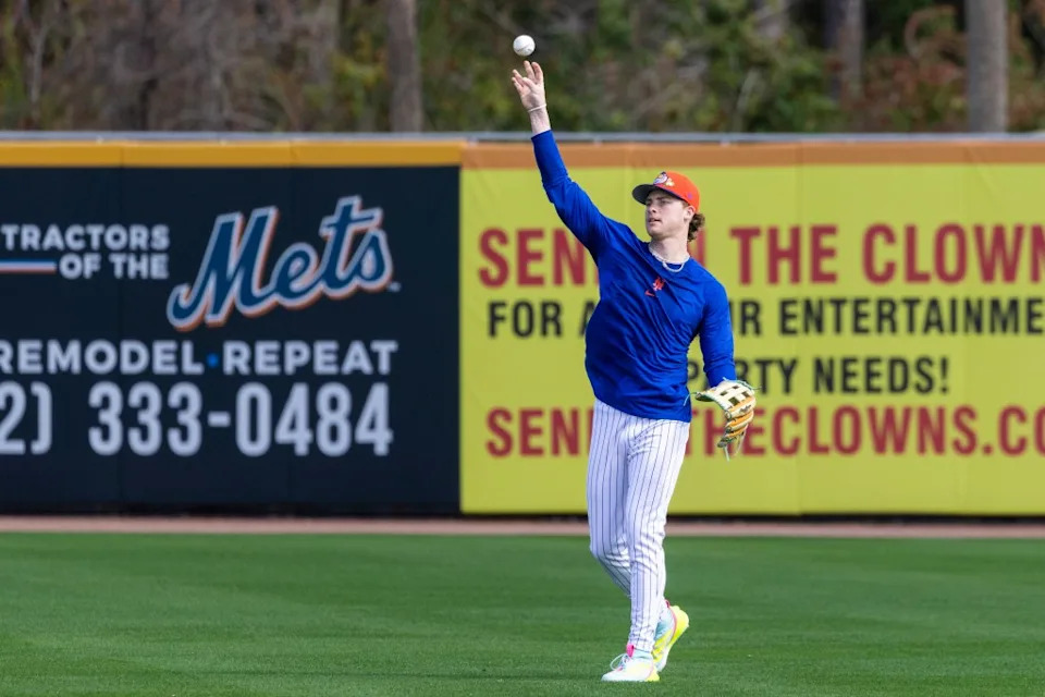 Carson Benge makes a throw from the outfield during the Mets’ Feb. 19 session at spring training. Corey Sipkin for the NY Post