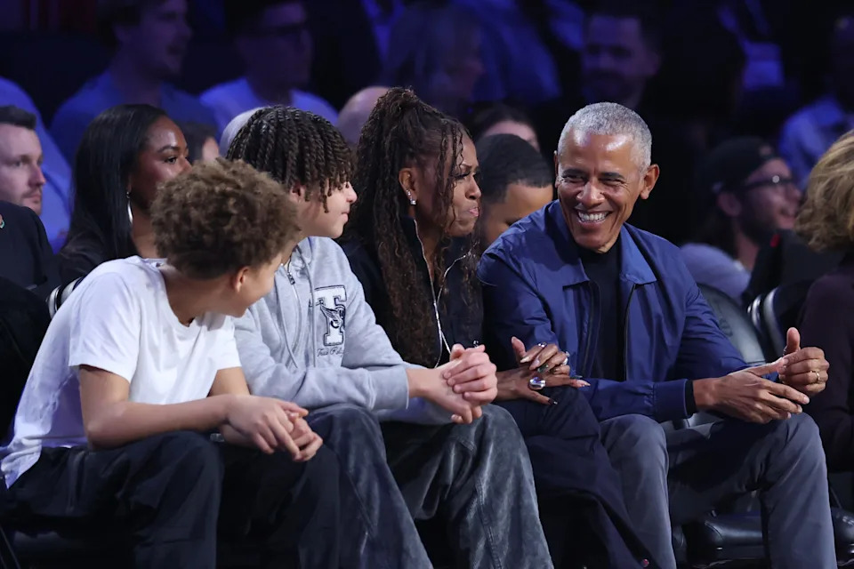 Michelle Obama and Barack Obama attend the 75th NBA All-Star Game at Intuit Dome on February 15, 2026 in Inglewood, California.