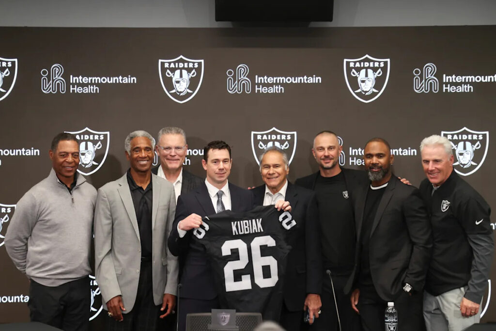 Raiders introduce new coach Klint Kubiak with a nod to their storied past