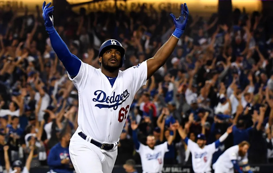 looks to the sky after hitting a three-run home run against the Boston Red Sox in the sixth inning during game five of the World Series at Dodger Stadium on Sat, October 28, 2018. MediaNews Group via Getty Images