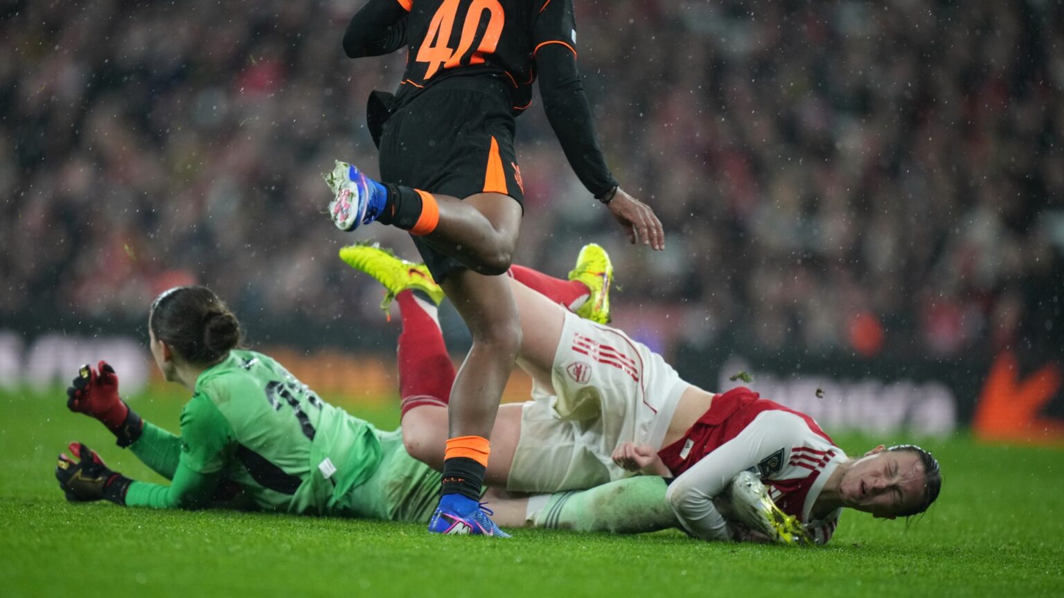 Arsenal star Anneke Borbe given oxygen and stretchered off in neck brace after horror head injury as fans ‘send prayers’