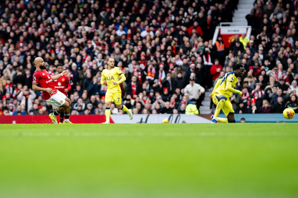 Bryan Mbuemo of Manchester United scoring a goal against Tottenham Hotspur.