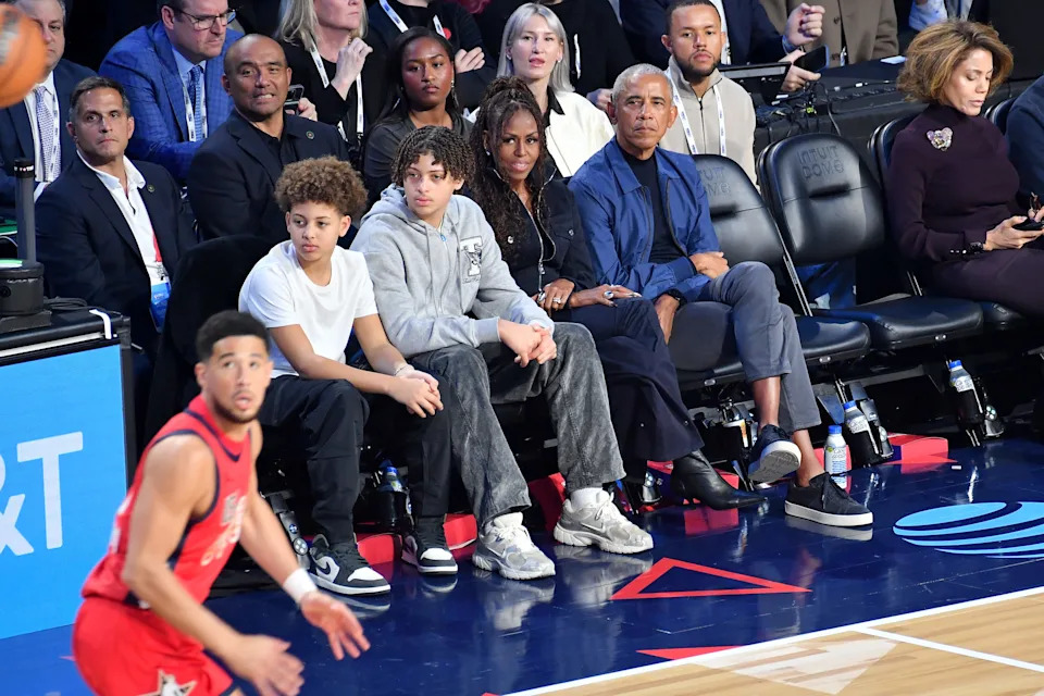 Michelle Obama and Barack Obama attend the 75th NBA All-Star Game at Intuit Dome on February 15, 2026 in Inglewood, California.
