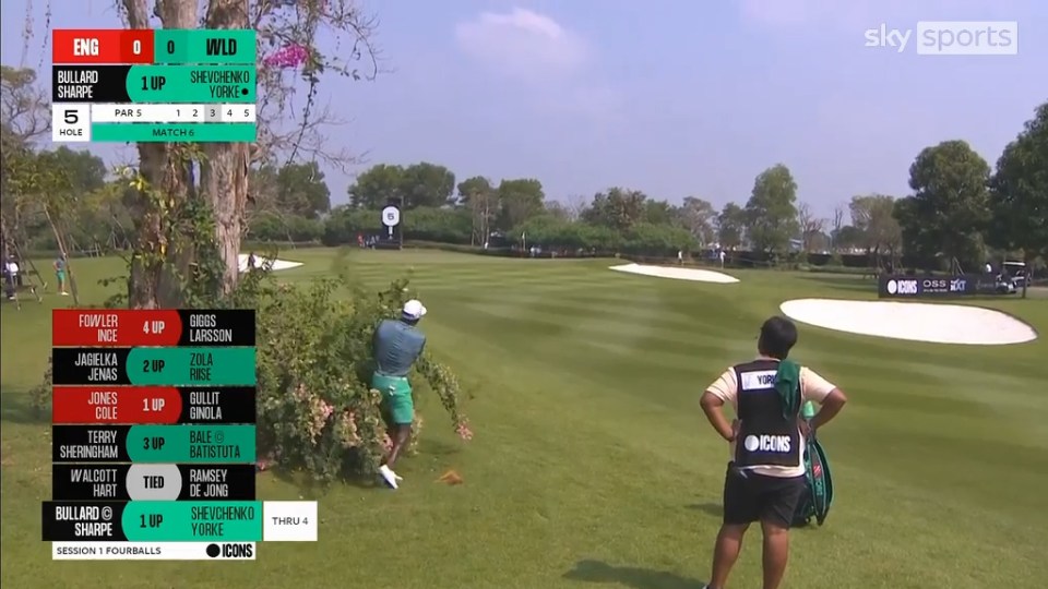 Dwight Yorke golfing in bushes at the Icons Golf Series.