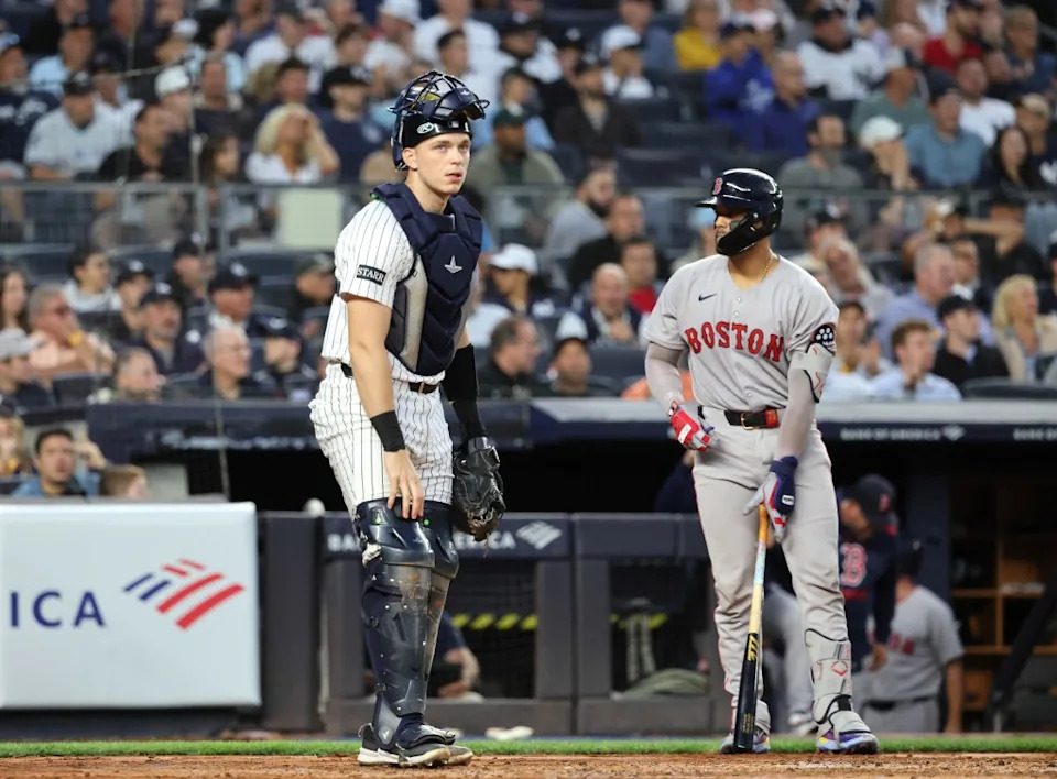Yankees catcher Ben Rice #22 reacts against the Red Sox. Charles Wenzelberg / New York Post