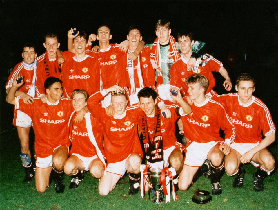 The Manchester United team celebrates with the FA Youth Cup.
