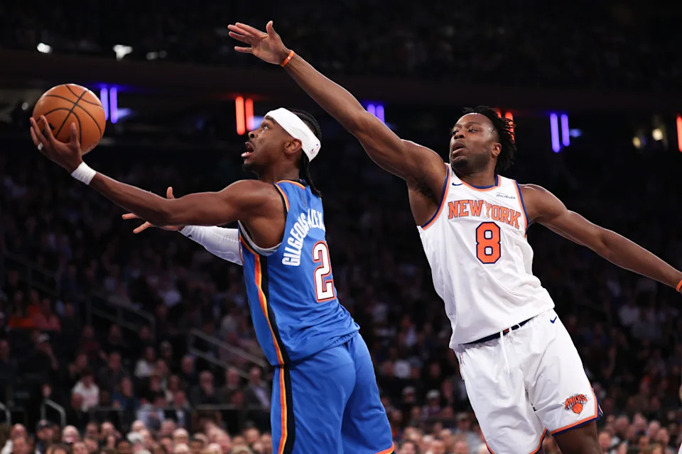Oklahoma City Thunder guard Shai Gilgeous-Alexander (2) goes to the basket against New York Knicks forward Og Anunoby (8) during the first half at Madison Square Garden on March 4, 2026.