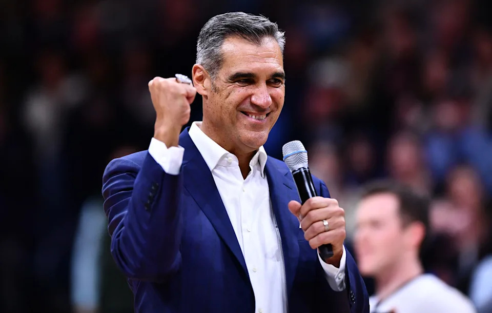 Former Villanova Wildcats head coach Jay Wright speaks before the game against the DePaul Blue Demons at William B. Finneran Pavilion.