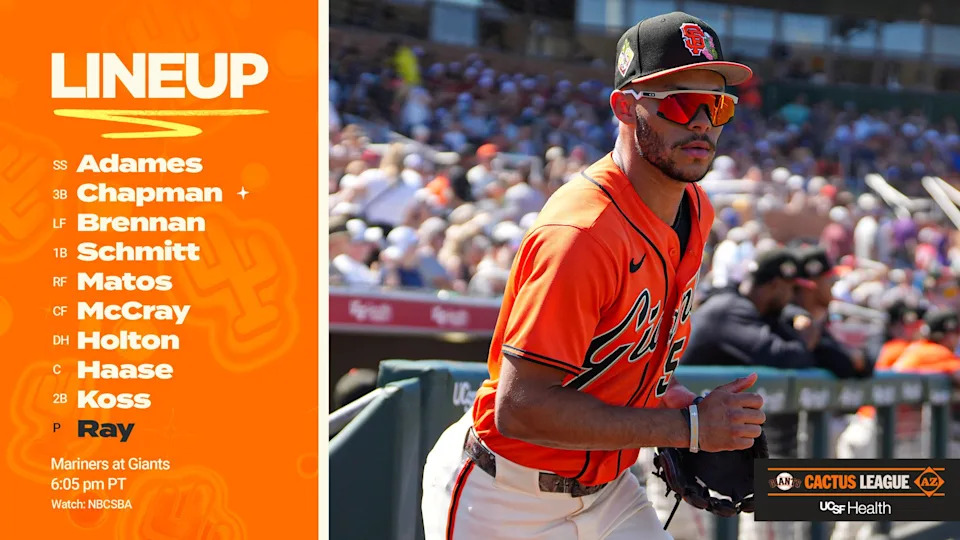 SF lineup vs. Seattle 3/4/26 2 Willy Adames - SS 26 Matt Chapman - 3B 7 Will Brennan (L) - LF 10 Casey Schmitt - 1B 29 Luis Matos - RF 58 Grant McCray (L) - CF 61 Jake Holton - DH 18 Eric Haase - C 50 Christian Koss - 2B 38 Robbie Ray LHP