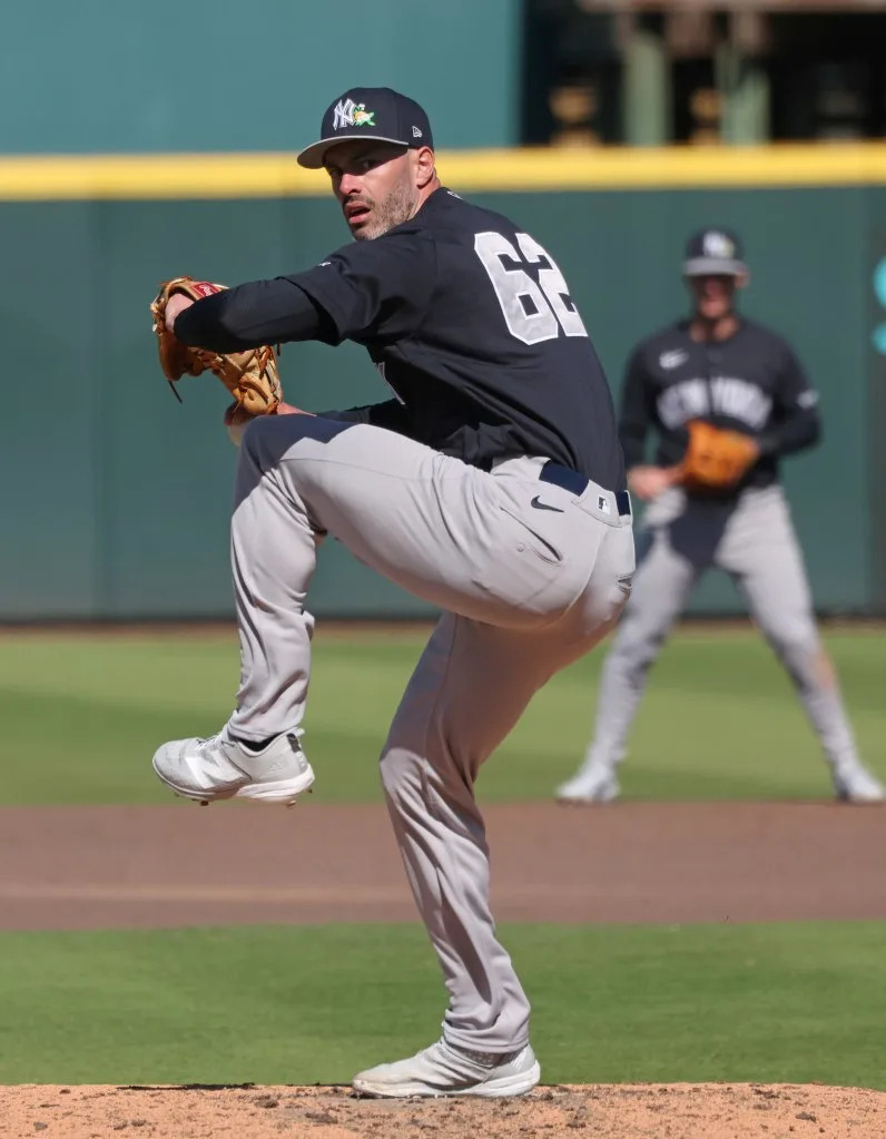 Dylan Coleman pitches during the Yankees-Pirates spring training game on Feb. 23, 2026. Charles Wenzelberg / New York Post