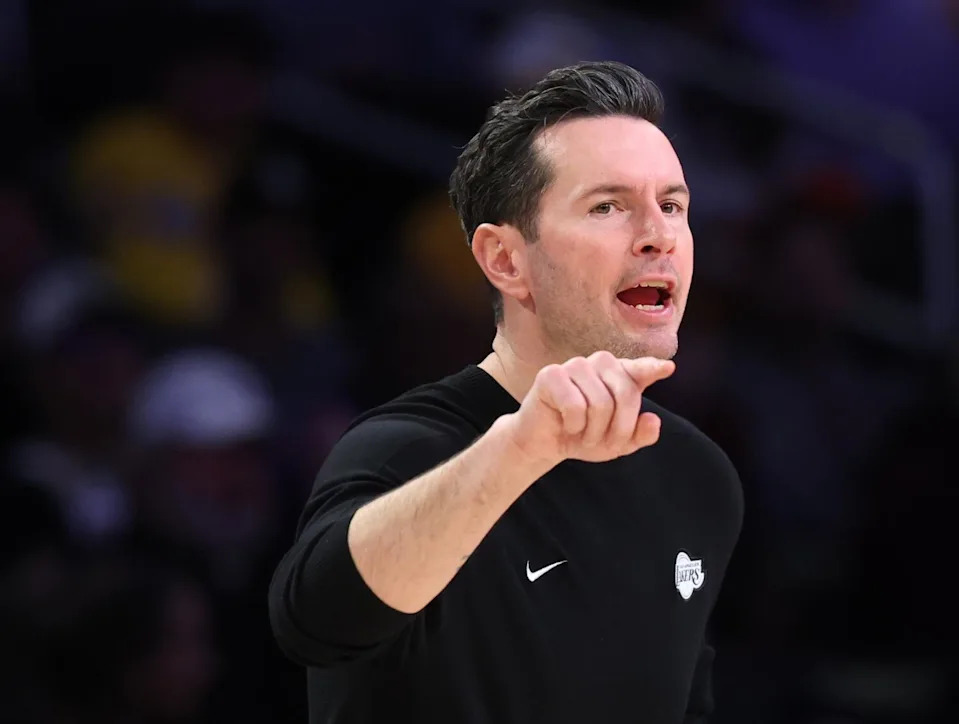 Lakers coach JJ Redick gestures during a game against the New Orleans Pelicans at Crypto.com Arena on March 3.