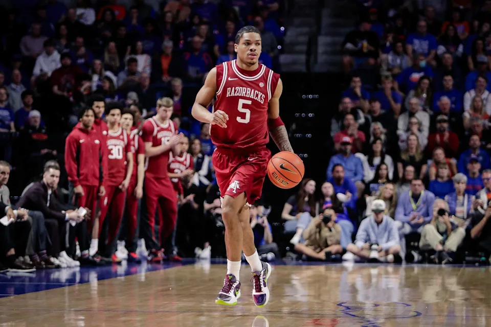 Arkansas Razorbacks guard Darius Acuff Jr. (5) during the game against the Florida Gators in the first half at Exactech Arena at the Stephen C. O'Connell Center.