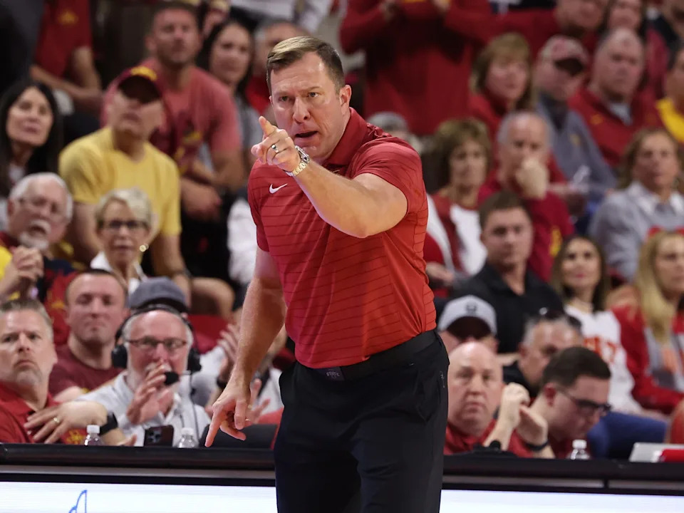 Iowa State Cyclones head coach T.J. Otzelberger reacts while watching his team play the Kansas Jayhawks during the second half at James H. Hilton Coliseum.