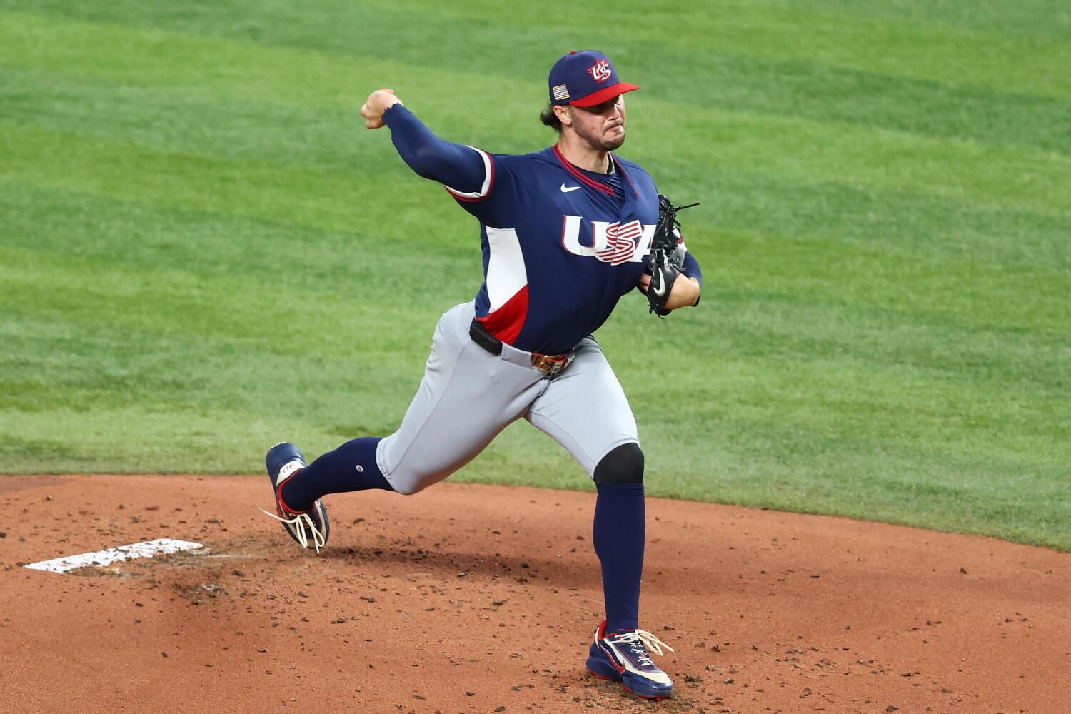 U.S. pitcher Paul Skenes delivers against the Dominican Republic in the first inning.