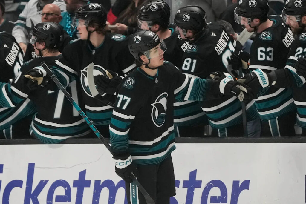 Celebrini has 4 points, Sherwood scores go-ahead goal as Sharks beat Canadiens 7-5