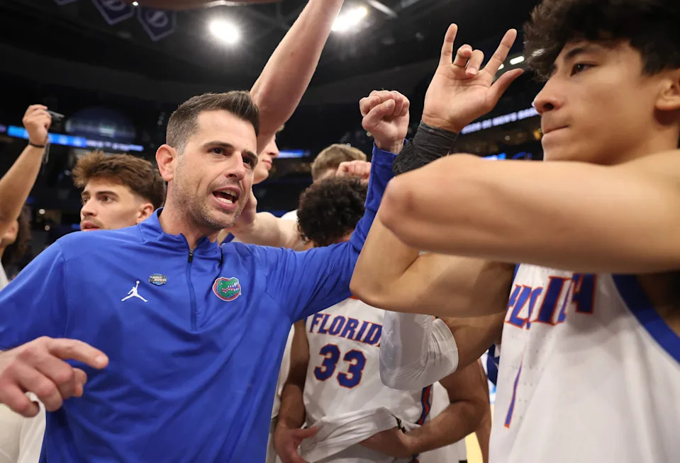 Florida head coach Todd Golden celebrates their 114-55 win over Prairie View A&M during the NCAA March Madness opening round at Benchmark international Arena in Tampa, FL on Friday, March 20, 2026.