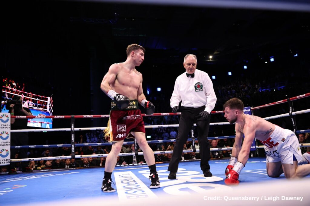 Pierce O’Leary wins IBO super lightweight title after Hughes corner stops fight