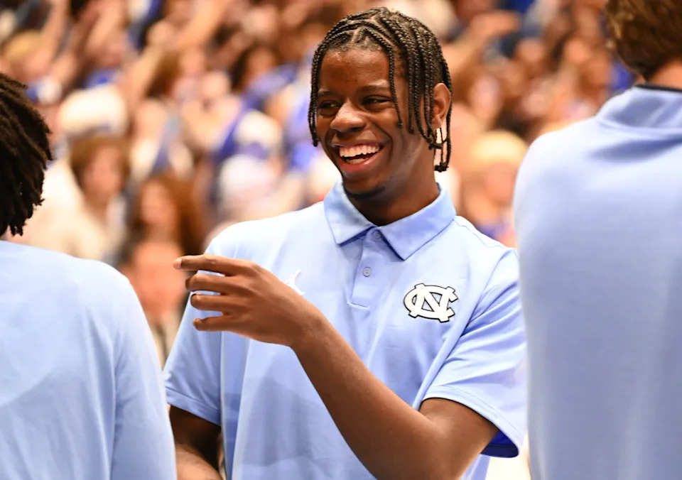Injured North Carolina Tar Heels foward Caleb Wilson jokes with teammates prior to a game against the Duke Blue Devils at Cameron Indoor Stadium. The Duke Blue Devils won 76-61.