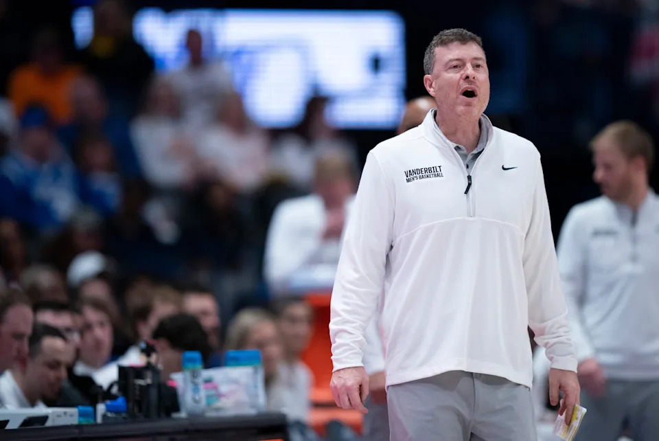 Vanderbilt coach Mark Byington works the sideline against Tennessee during their quarterfinal game of the 2026 SEC Men's Basketball Tournament at Bridgestone Arena in Nashville, Tenn., Friday, March 13, 2026.