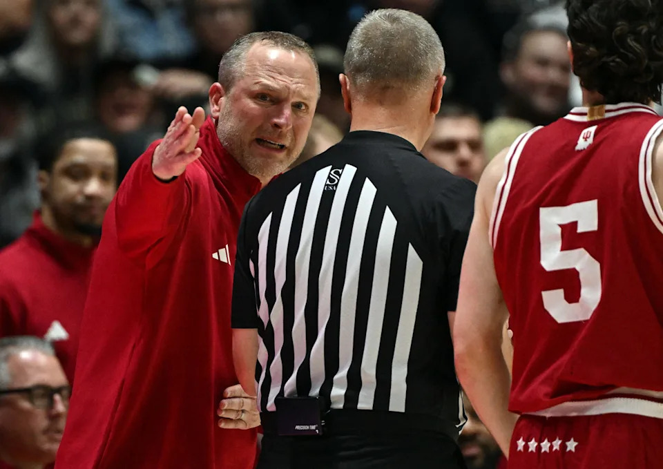 Indiana Hoosiers head coach Darian Devries reacts to a call during the first half against the Purdue Boilermakers at Mackey Arena.