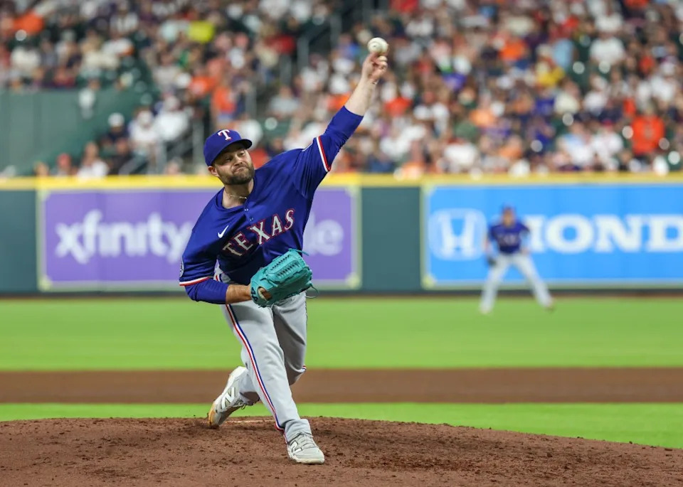 Texas Rangers relief pitcher Danny Coulombe (54) throws a pitch in the bottom of the fifth inning during the MLB game between the Texas Rangers and Houston Astros on September 16, 2026 at Daikin Park in Houston, Texas. Icon Sportswire via Getty Images