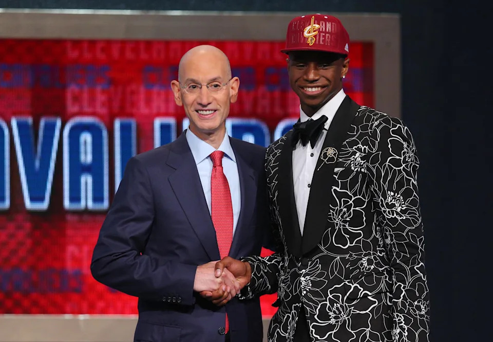 Andrew Wiggins shakes hands with NBA commissioner Adam Silver after being selected as the No. 1 overall pick to the Cleveland Cavaliers in the 2014 NBA Draft at the Barclays Center.