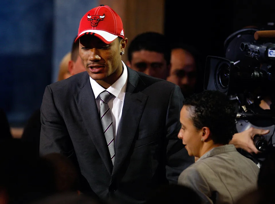 No. 1 draft pick for the Chicago Bulls, Derrick Rose walks to the stage during the 2008 NBA Draft at the Wamu Theatre at Madison Square Garden June 26, 2008 in New York City.