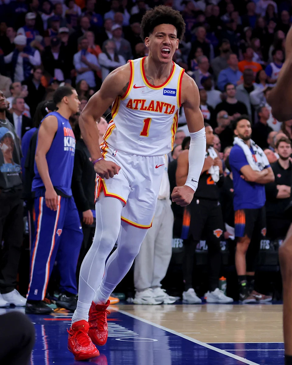 Jalen Johnson reacts after a basket against the New York Knicks during Game 2.