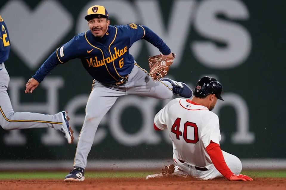Boston Red Sox’s Willson Contreras (40) is forced out by Milwaukee Brewers shortstop David Hamilton (6) during the third inning of a baseball game at Fenway Park, Monday, April 6, 2026, in Boston. AP