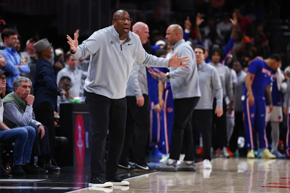 Knicks head coach Mike Brown reacts during the second half of an NBA basketball game against the Atlanta Hawks, Monday, April 6, 2026. AP