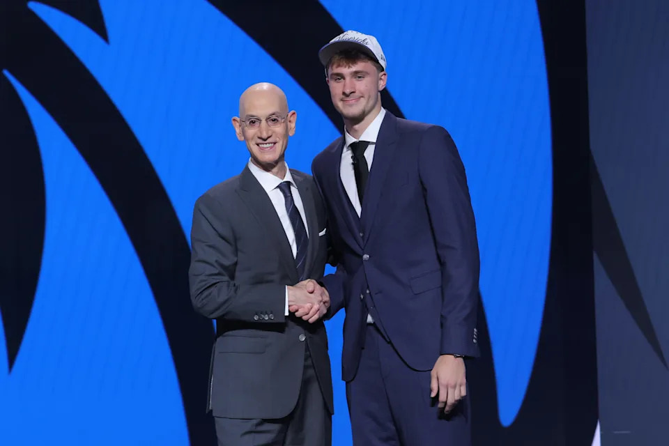 Cooper Flagg poses with NBA commissioner Adam Silver after being selected as first overall by the Dallas Mavericks in the first round of the 2025 NBA Draft at Barclays Center.