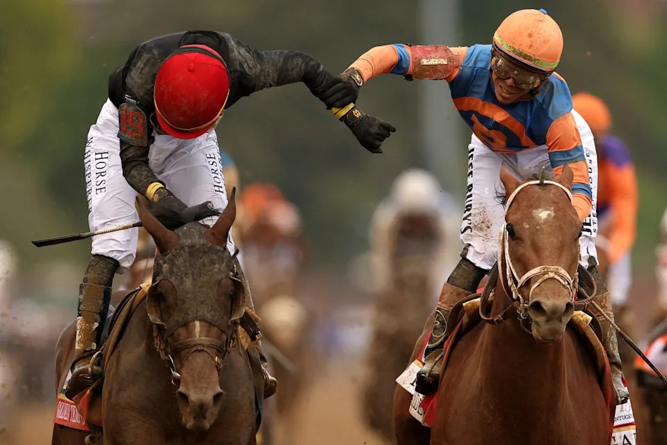 José Ortiz (l.) and Irad Ortiz Jr. (r.) are pictured during the Kentucky Derby on May 2. Getty Images