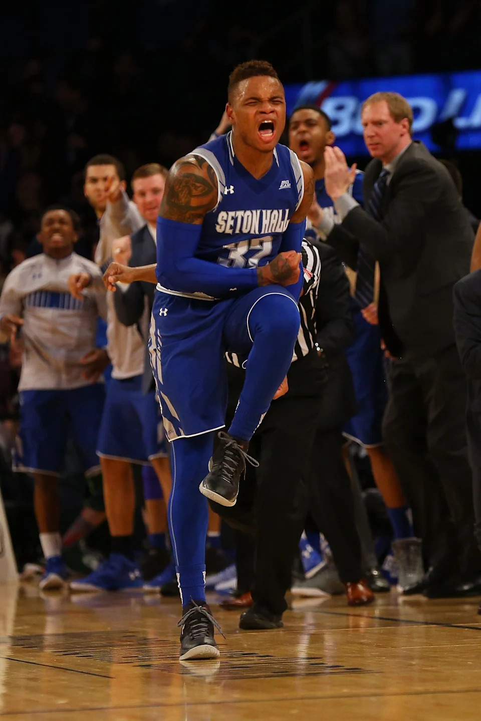 Derrick Gordon, No. 32 of the Seton Hall Pirates, celebrates after hitting a basket against the Villanova Wildcats during the Big East Basketball Tournament Championship at Madison Square Garden on March 12, 2016 in New York City.