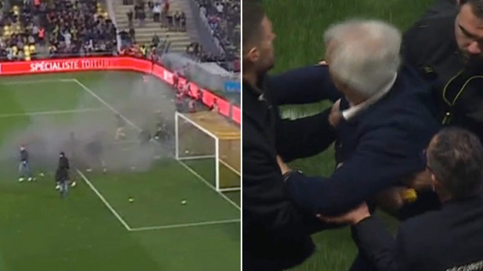 Top-flight clash suspended as fuming fans invade pitch after relegation with manager left in tears Top-flight clash suspended as fuming fans invade pitch after relegation with manager left in tears