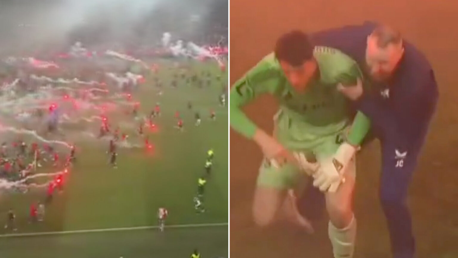 Crazy moment hundreds of Slavia Prague fans invade pitch and ‘ATTACK’ rival keeper as clash abandoned in final seconds
