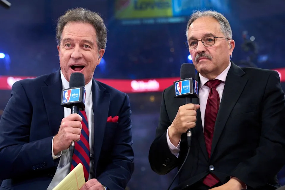 Kevin Harlan and Stan Van Gundy speak on the Amazon Prime broadcast before tipoff at the Paycom Center on April 2, 2026, in Oklahoma City, Oklahoma. Getty Images