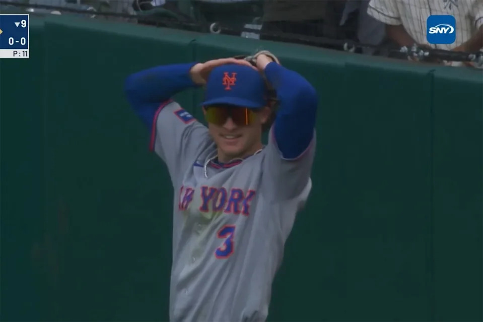 Carson Benge reacts after making a catch during the Mets’ May 4 win. Screengrab via X/@SNYtv