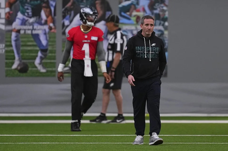 General manager Howie Roseman and Jalen Hurts #1 of the Philadelphia Eagles look on during OTA offseason workouts at Jefferson Health Training Complex on May 27, 2026 in Philadelphia, Pennsylvania. Getty Images