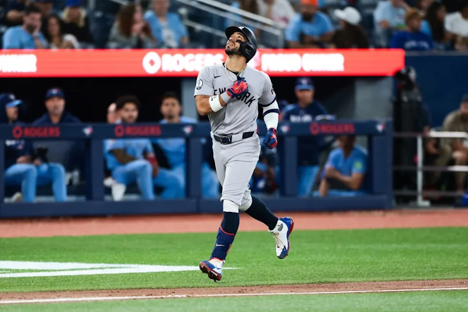 José Caballero #72 of the New York Yankees reacts as he rounds the bases after hitting a three-run home run to score in <a class="link " href="https://sports.yahoo.com/mlb/players/11805/" data-i13n="sec:content-canvas;subsec:anchor_text;elm:context_link" data-ylk="slk:Jasson Domínguez;sec:content-canvas;subsec:anchor_text;elm:context_link;itc:0" data-yga="{"yLinkElement":"context_link","yModuleName":"content-canvas","yLinkText":"Jasson Domínguez","ySubModuleName":"anchor_text","yHasCommerce":false}">Jasson Domínguez</a> #24 and <a class="link " href="https://sports.yahoo.com/mlb/players/10839/" data-i13n="sec:content-canvas;subsec:anchor_text;elm:context_link" data-ylk="slk:Jazz Chisholm Jr.;sec:content-canvas;subsec:anchor_text;elm:context_link;itc:0" data-yga="{"yLinkElement":"context_link","yModuleName":"content-canvas","yLinkText":"Jazz Chisholm Jr.","ySubModuleName":"anchor_text","yHasCommerce":false}">Jazz Chisholm Jr.</a> #13 (not pictured) in the ninth inning of their MLB game against the Toronto Blue Jays at Rogers Centre on June 14, 2026 in Toronto, Ontario, Canada. Getty Images