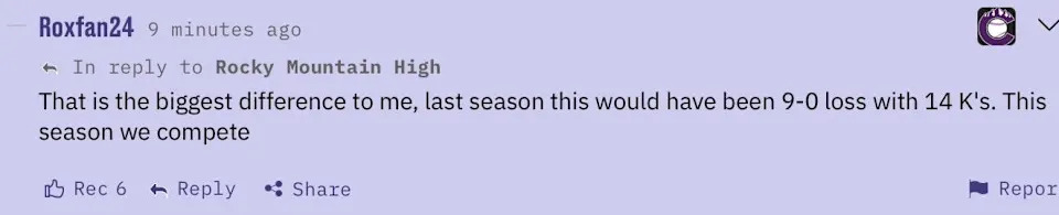 Comment of the Game (6.17.26) Roxfan24: “That is the biggest different to me, last season this would have been a 9-0 loss with 14 Ks. This season we compete.