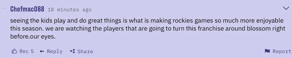Comment of the Game (6.17.26) Chefmac088: Seeing the kids play and do great things is what is making Rockies games so much more enjoyable this season. We are watching the players that are going to turn this franchise around blossom right before our eyes.