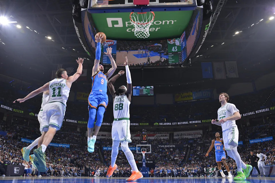 OKLAHOMA CITY, OK – MARCH 12: <a class="link " href="https://sports.yahoo.com/nba/players/5754/" data-i13n="sec:content-canvas;subsec:anchor_text;elm:context_link" data-ylk="slk:Alex Caruso;sec:content-canvas;subsec:anchor_text;elm:context_link;itc:0" data-yga="{"yLinkElement":"context_link","yModuleName":"content-canvas","yLinkText":"Alex Caruso","ySubModuleName":"anchor_text","yHasCommerce":false}">Alex Caruso</a> #9 of the <a class="link " href="https://sports.yahoo.com/nba/teams/oklahoma-city/" data-i13n="sec:content-canvas;subsec:anchor_text;elm:context_link" data-ylk="slk:Oklahoma City Thunder;sec:content-canvas;subsec:anchor_text;elm:context_link;itc:0" data-yga="{"yLinkElement":"context_link","yModuleName":"content-canvas","yLinkText":"Oklahoma City Thunder","ySubModuleName":"anchor_text","yHasCommerce":false}">Oklahoma City Thunder</a> drives to the basket during the game against the Boston Celtics on March 12, 2026 at Paycom Center in Oklahoma City, Oklahoma. NOTE TO USER: User expressly acknowledges and agrees that, by downloading and or using this photograph, User is consenting to the terms and conditions of the Getty Images License Agreement. Mandatory Copyright Notice: Copyright 2026 NBAE (Photo by Jesse D. Garrabrant/NBAE via Getty Images) | NBAE via Getty Images